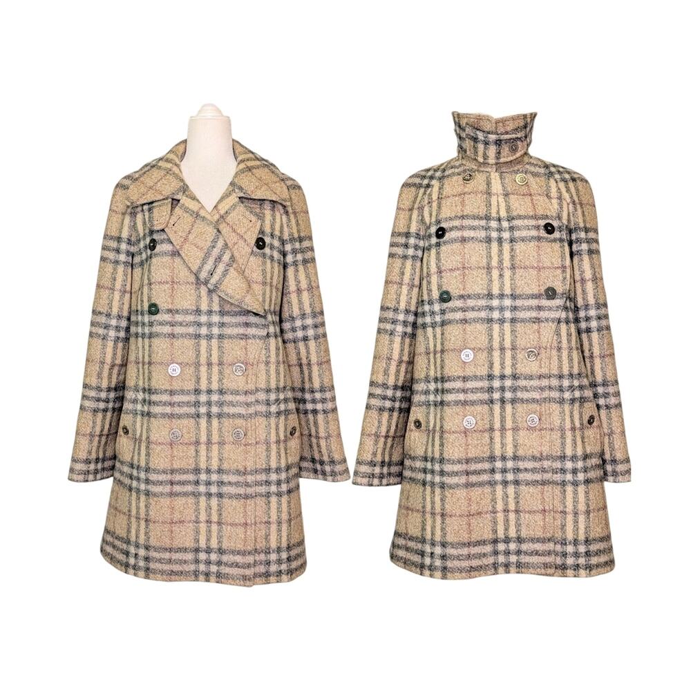 Burberry Nova Check Plaid Wool Double Breasted Long Coat Beige Navy Red 14